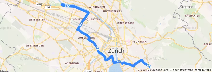 Mapa del recorrido Tram 8: Klusplatz → Hardturm de la línea  en Zürich.