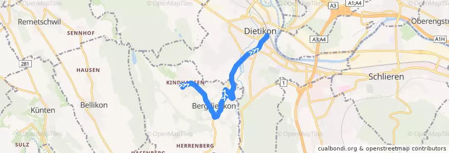 Mapa del recorrido Bus 305: Kindhausen AG → Dietikon, Bahnhof de la línea  en 瑞士.