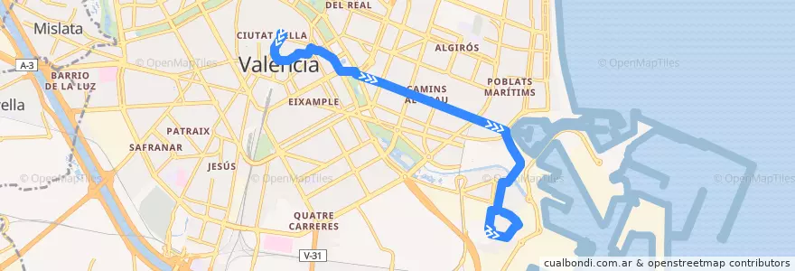 Mapa del recorrido Bus 4: Pl. de l'Ajuntament => Natzaret/Port de la línea  en Comarca de València.