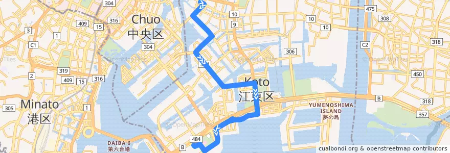 Mapa del recorrido 門19 de la línea  en 江東区.
