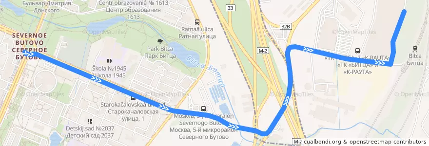 Mapa del recorrido Автобус №965: Метро «Бульвар Дмитрия Донского» - ТК «Лужайка» de la línea  en Distretto Federale Centrale.