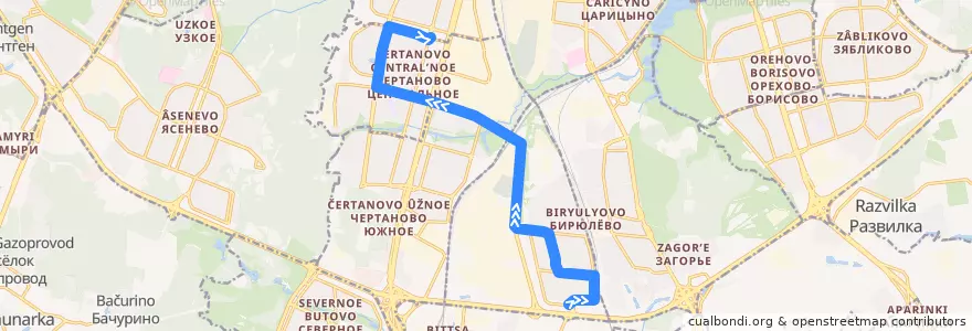 Mapa del recorrido Автобус №296: Бирюлёво-Западное - Станция метро "Южная" de la línea  en Southern Administrative Okrug.
