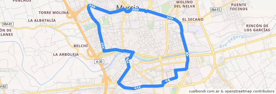 Mapa del recorrido Bus C1: Plaza Circular →1º de Mayo → Glorieta de la línea  en Área Metropolitana de Murcia.