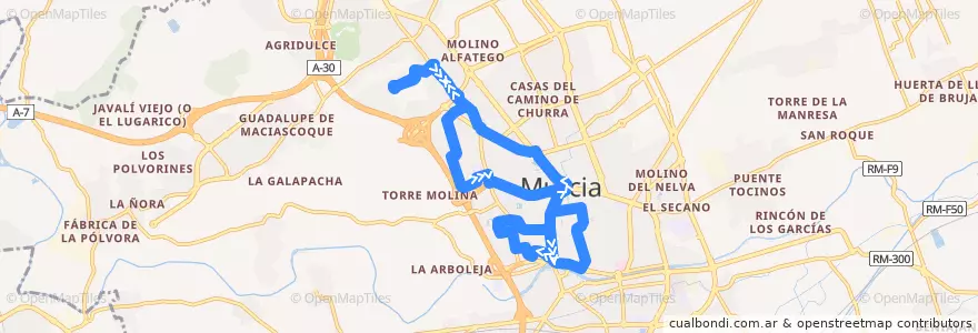 Mapa del recorrido Plaza Circular - Gran Vía de la línea  en Área Metropolitana de Murcia.