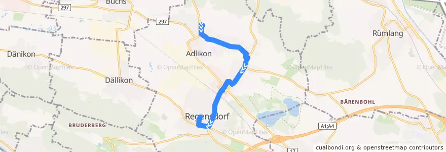 Mapa del recorrido Bus 451: Adlikon b. R., Leematten => Regensdorf, Zentrum de la línea  en Regensdorf.