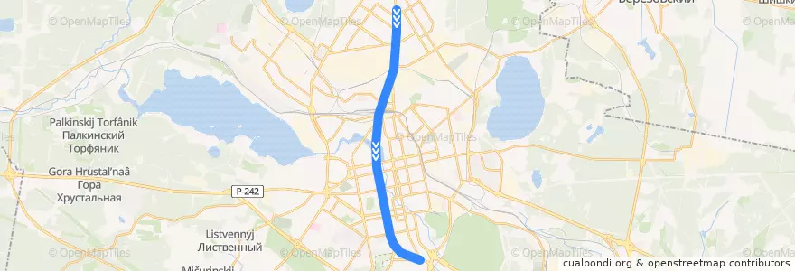 Mapa del recorrido 1: Проспект Космонавтов → Ботаническая de la línea  en городской округ Екатеринбург.