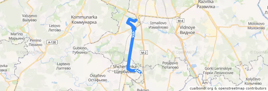 Mapa del recorrido Автобус №858: 4-й микрорайон Щербинки - 5-й микрорайон Северного Бутова de la línea  en Юго-Западный административный округ.