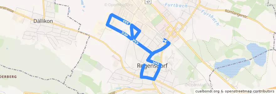 Mapa del recorrido Bus 452: Regensdorf, Strassenverkehrs. => Regensdorf, Zentrum de la línea  en Regensdorf.