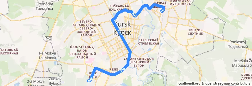 Mapa del recorrido Маршрут трамвая №4: "Улица Малышева - Железнодорожный вокзал" de la línea  en Kursk.