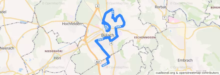 Mapa del recorrido Bus 501: Bachenbülach, Bramenländli => Bülach, Bahnhof de la línea  en Bülach.