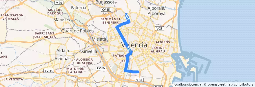 Mapa del recorrido Bus 64: Benicalap => Est. J. Sorolla/Nou Hosp. la Fe de la línea  en Comarca de València.