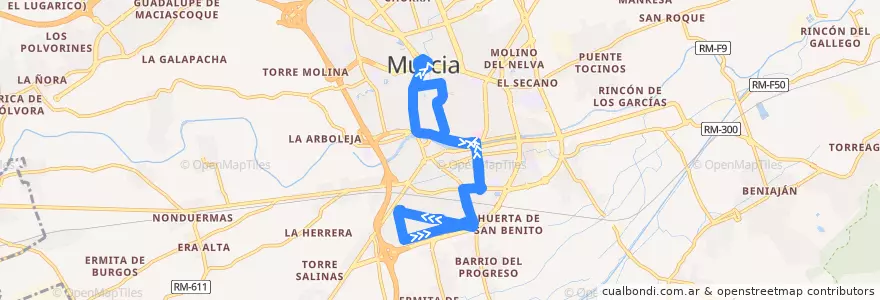 Mapa del recorrido Bus R80: Plaza Circular → Santiago el Mayor de la línea  en Área Metropolitana de Murcia.