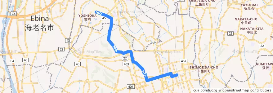 Mapa del recorrido 湘22 湘南台駅西口行 葛原・菖蒲沢団地経由 de la línea  en Prefectura de Kanagawa.