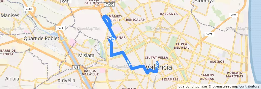 Mapa del recorrido Bus 67: Pl. de l'Ajuntament => Nou Campanar de la línea  en Comarca de València.