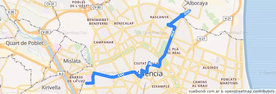Mapa del recorrido Bus 70: Alboraia => la Fontsanta de la línea  en Comarca de València.