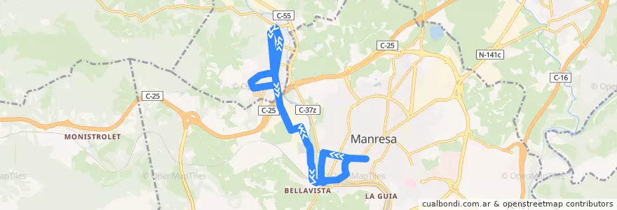 Mapa del recorrido 701 Sant Joan de Vilatorrada a Manresa de la línea  en Bages.