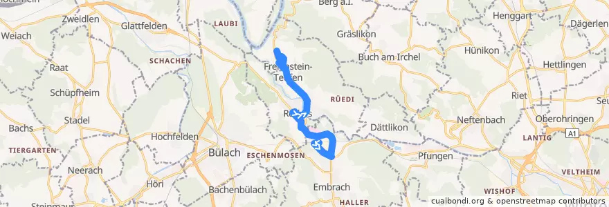 Mapa del recorrido Bus 522: Embrach-Rorbas, Bahnhof => Teufen ZH, Unterteufen de la línea  en Bezirk Bülach.