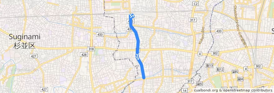 Mapa del recorrido 幡代線 de la línea  en 中野区.