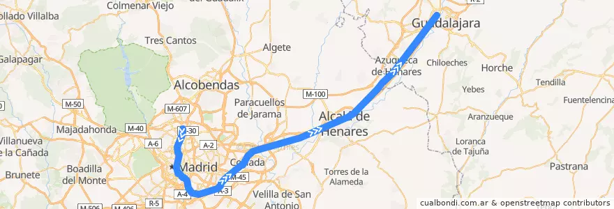 Mapa del recorrido C-2. Chamartín → Recoletos → Atocha → Guadalajara de la línea  en Espanha.