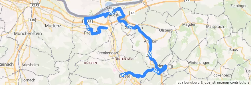 Mapa del recorrido Bus 83: Liestal, Bahnhof => Pratteln, Rankacker de la línea  en Bezirk Liestal.