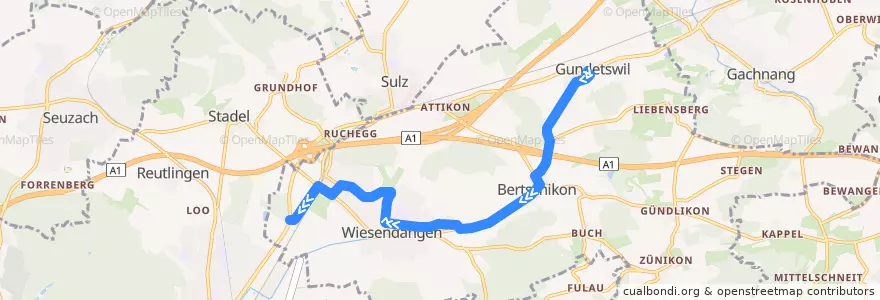 Mapa del recorrido Bus 611: Gundetswil → Wiesendangen Bahnhof de la línea  en Wiesendangen.