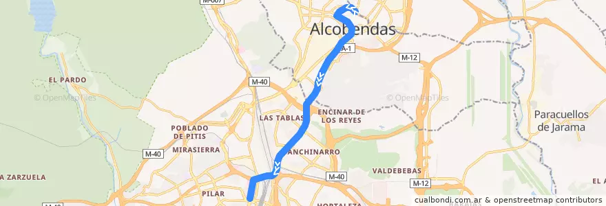 Mapa del recorrido Bus 151: Alcobendas → Plaza Castilla de la línea  en Área metropolitana de Madrid y Corredor del Henares.