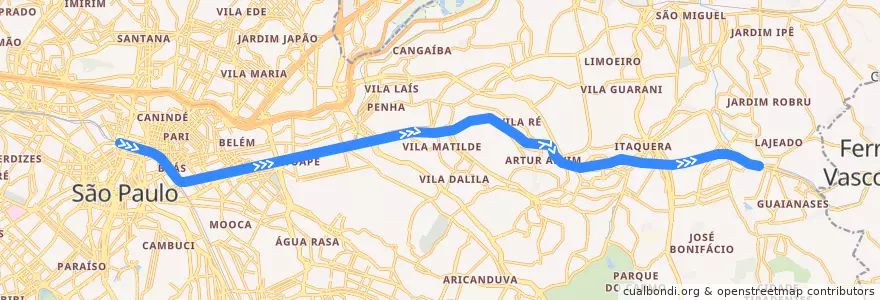 Mapa del recorrido Linha 11 - Coral: Luz ⇒ Guaianases de la línea  en Сан-Паулу.