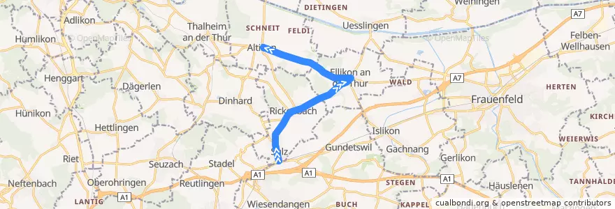 Mapa del recorrido Bus 615: Rickenbach-Attikon, Bahnhof => Altikon, Brückenwaage de la línea  en Bezirk Winterthur.