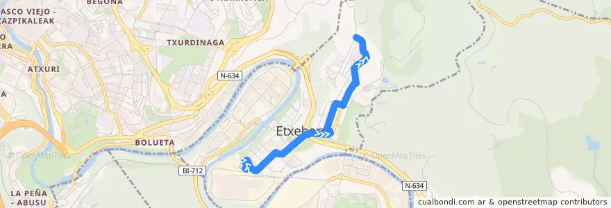 Mapa del recorrido Bus 1: Metro Etxebarri - Santa Marina de la línea  en Greater Bilbao.
