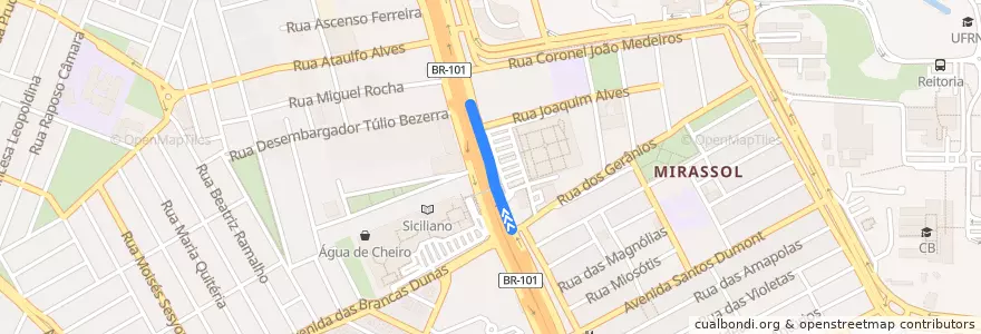 Mapa del recorrido 63A - Felipe Camarão / Viaduto de Ponta Negra de la línea  en ناتال.