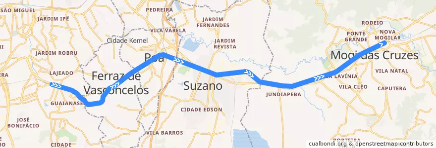 Mapa del recorrido Linha 11 - Coral: Guaianases ⇒ Estudantes de la línea  en Região Metropolitana de São Paulo.