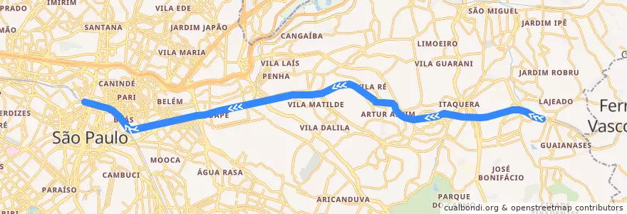 Mapa del recorrido Linha 11 - Coral: Guaianases ⇒ Luz de la línea  en 聖保羅.