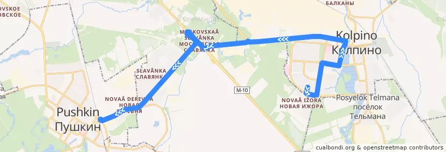 Mapa del recorrido Автобус № 374: Колпино, Заводской проспект=> Пушкин, шоссе Подбельского de la línea  en Санкт-Петербург.