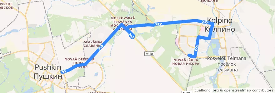 Mapa del recorrido Автобус № 374: Пушкин, шоссе Подбельского => Колпино, Заводской проспект de la línea  en Sankt Petersburg.
