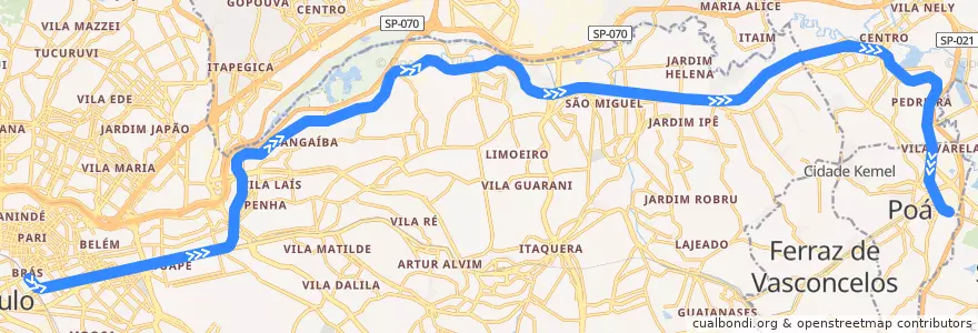 Mapa del recorrido Linha 12 - Safira: Brás ⇒ Calmon Viana de la línea  en Região Metropolitana de São Paulo.