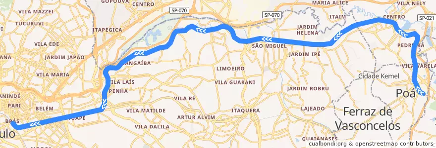 Mapa del recorrido Linha 12 - Safira: Calmon Viana ⇒ Brás de la línea  en Região Metropolitana de São Paulo.