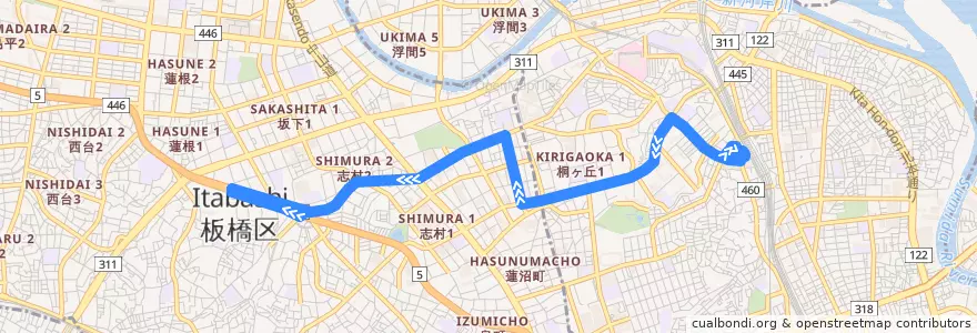 Mapa del recorrido 赤56-3 de la línea  en 東京都.