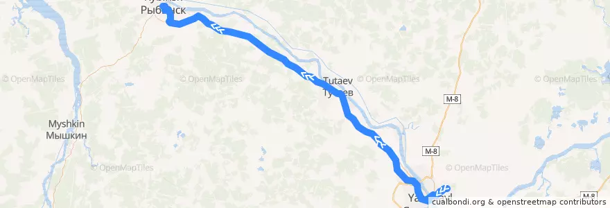 Mapa del recorrido Автобус №500: Ярославль(Обл. больница) - Рыбинск de la línea  en Ярославская область.
