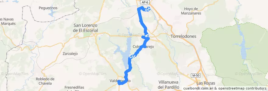 Mapa del recorrido Bus 630: Villalba (Estación autobús) -> Galapagar -> Colmenarejo -> Valdemorillo de la línea  en Cuenca del Guadarrama.