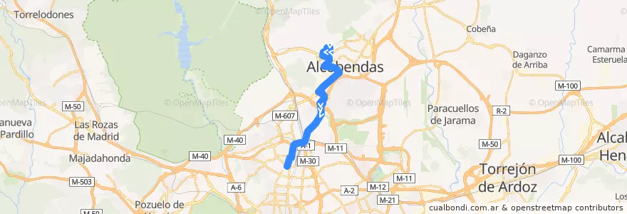 Mapa del recorrido Bus 157C: Alcobendas (Valdelasfuentes) → Plaza Castilla de la línea  en Área metropolitana de Madrid y Corredor del Henares.