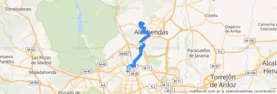 Mapa del recorrido Bus 157C: Plaza Castilla → Alcobendas (Valdelasfuentes) de la línea  en Área metropolitana de Madrid y Corredor del Henares.