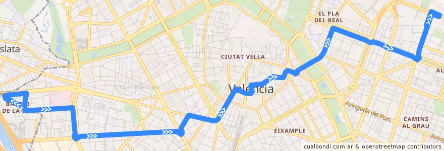 Mapa del recorrido Bus 71: la Llum => Universitats de la línea  en Comarca de València.
