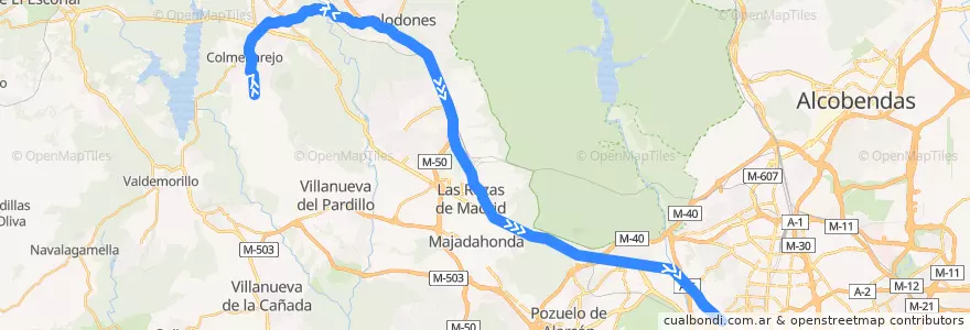 Mapa del recorrido Bus N904: Colmenarejo → Galapagar → Torrelodones (Colonia) → Madrid (Moncloa) de la línea  en منطقة مدريد.