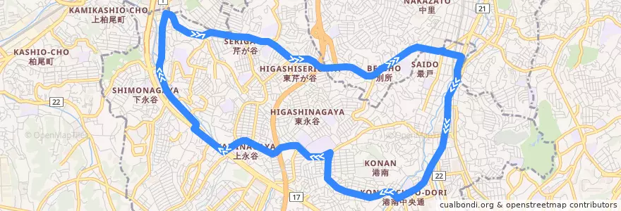 Mapa del recorrido 神奈中バス 71 上大岡-南高校-芹が谷-上大岡 de la línea  en Yokohama.