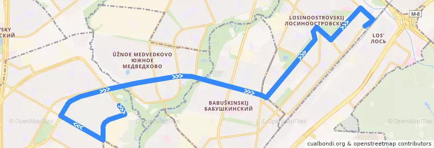 Mapa del recorrido Автобус 605: Юрловский проезд => Платформа Лось de la línea  en Северо-Восточный административный округ.