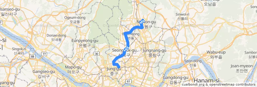 Mapa del recorrido 서울 시내버스 102 de la línea  en Seoel.
