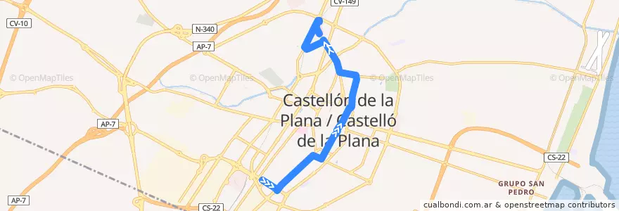 Mapa del recorrido L1 Polideportivo Ciutat de Castelló - Hospital General de la línea  en Castelló de la Plana.