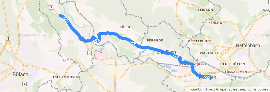 Mapa del recorrido Bus 529: Pfungen, Bahnhof => Dättlikon => Rorbas, Bruggi de la línea  en 蘇黎世.
