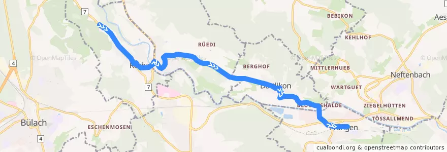 Mapa del recorrido Bus 529: Rorbas, Bruggi => Dättlikon => Pfungen, Bahnhof de la línea  en Цюрих.