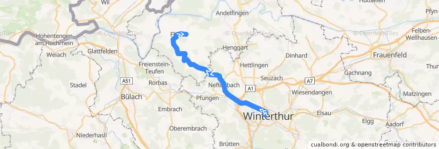 Mapa del recorrido Bus 670: Winterthur, Hauptbahnhof => Flaach, Oberdorf de la línea  en Zürich.